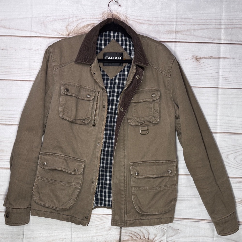 Farah Vintage Utility Field Jacket Khaki Brown Corduroy Collar Plaid Lining Med